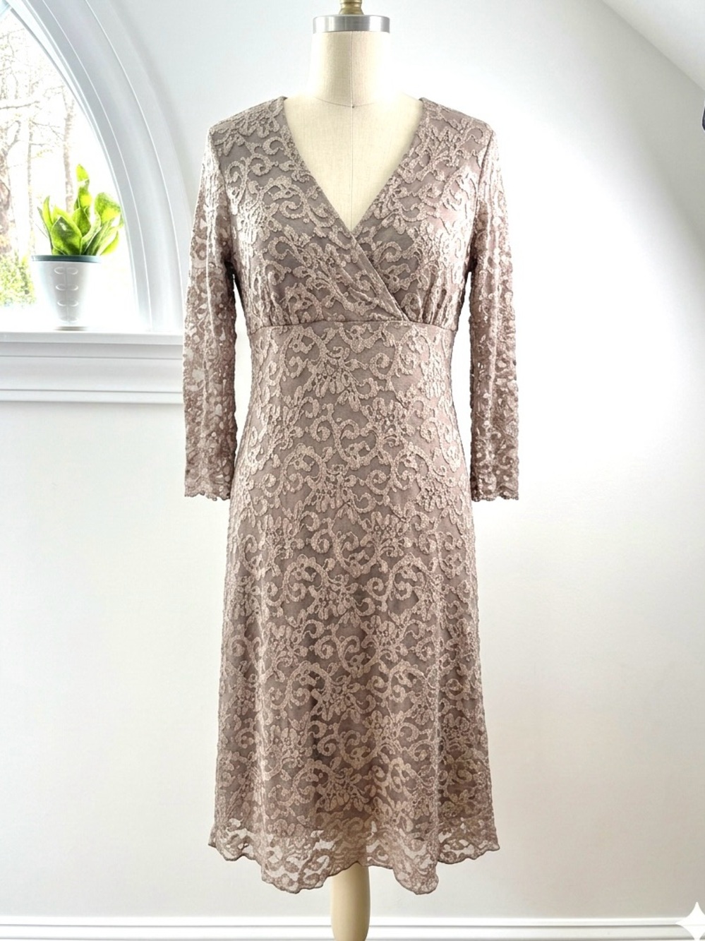 EAG Collection Lace Overlay Midi Dress Large Beige Empire Waist Romantic Wedding